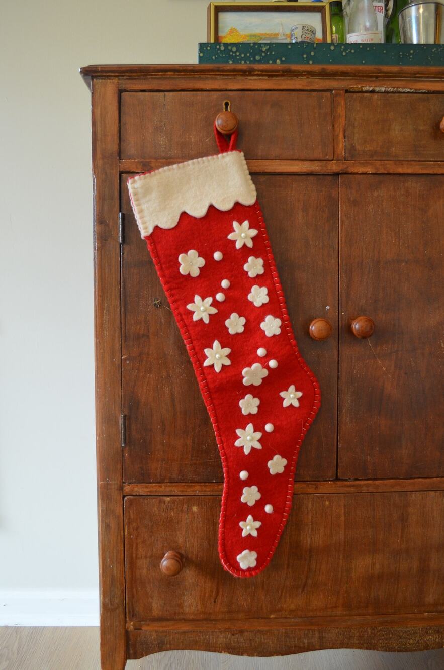 Vintage Red Flower Felted Christmas Stocking